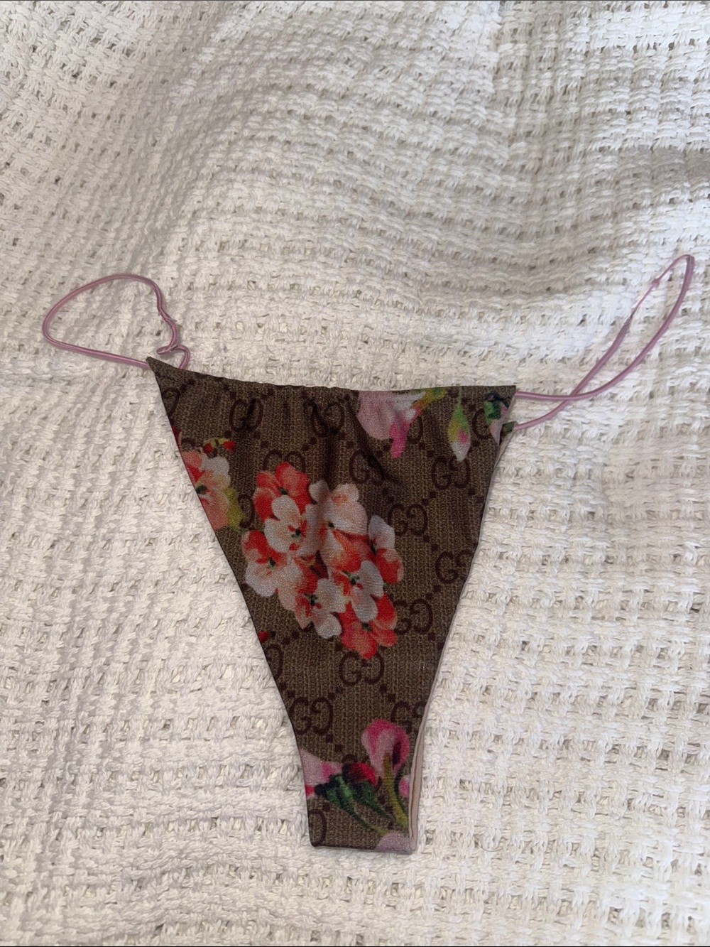Gucci Brown GG Floral String Bikini Bottom with Pink Straps